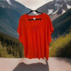 Worthington Women's Plus 2X Orange Blouse Scoop Neck Short Sleeve Elastic Hem
